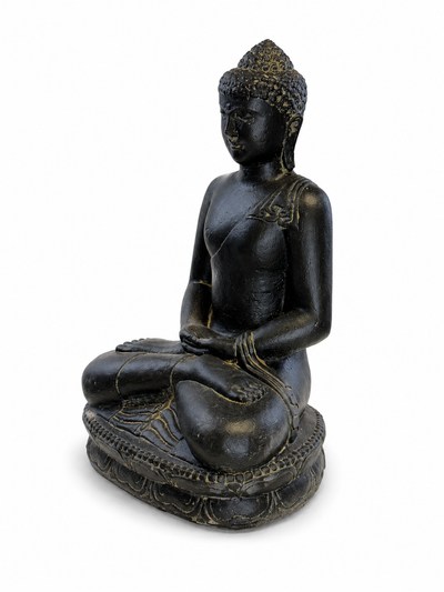 Stone Buddha Sculpture - Sitting Buddha Figurine - Black and Gold - Handmade, Decorative and Expressive - 45x30x20 cm