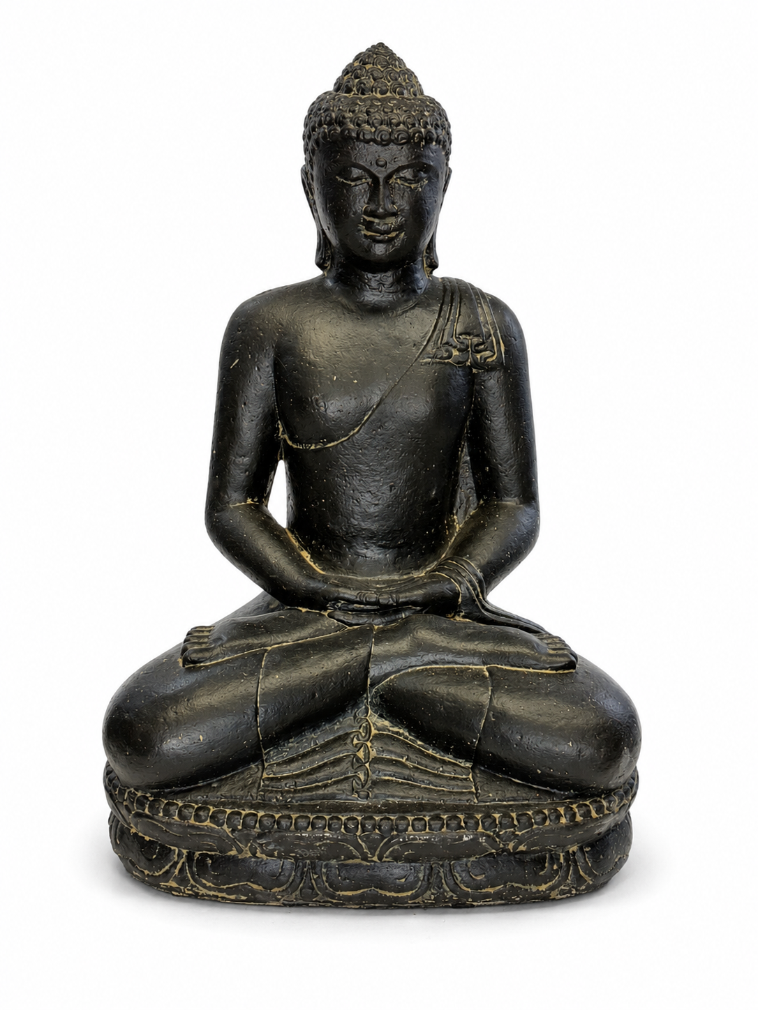 Stone Buddha Sculpture - Sitting Buddha Figurine - Black and Gold - Handmade, Decorative and Expressive - 45x30x20 cm