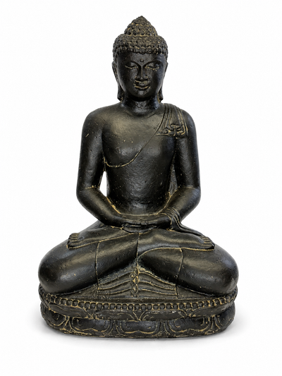 Stone Buddha Sculpture - Sitting Buddha Figurine - Black and Gold - Handmade, Decorative and Expressive - 45x30x20 cm