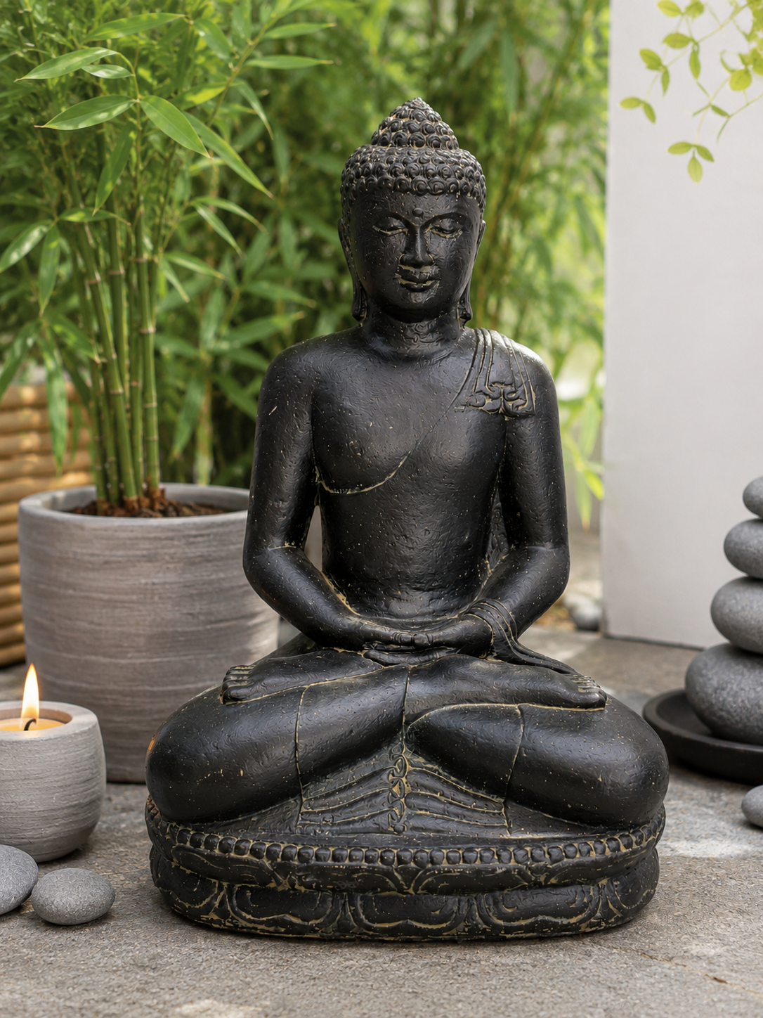 Stone Buddha Sculpture - Sitting Buddha Figurine - Black and Gold - Handmade, Decorative and Expressive - 45x30x20 cm