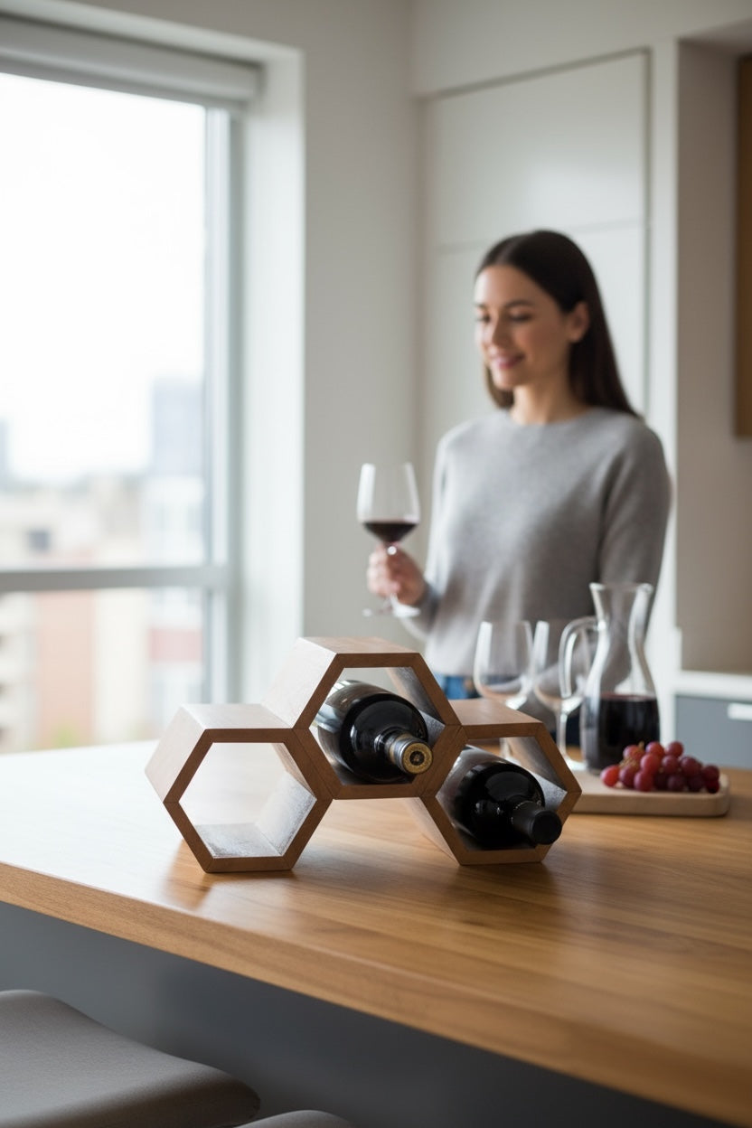 Holz Weinregal – Weinhalter Flaschenhalter - Küche Wohnzimmer Bar - Dekorative Honigwabenform – Aus Teakholz für 3 Flaschen – 18x34x18 cm