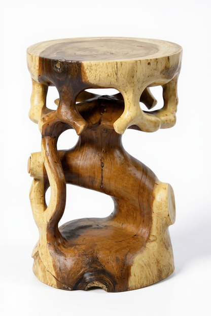 Wooden side table - wooden stool, flower stool, stool - handmade - round in bonsai style, saman wood - 40x30x30 cm