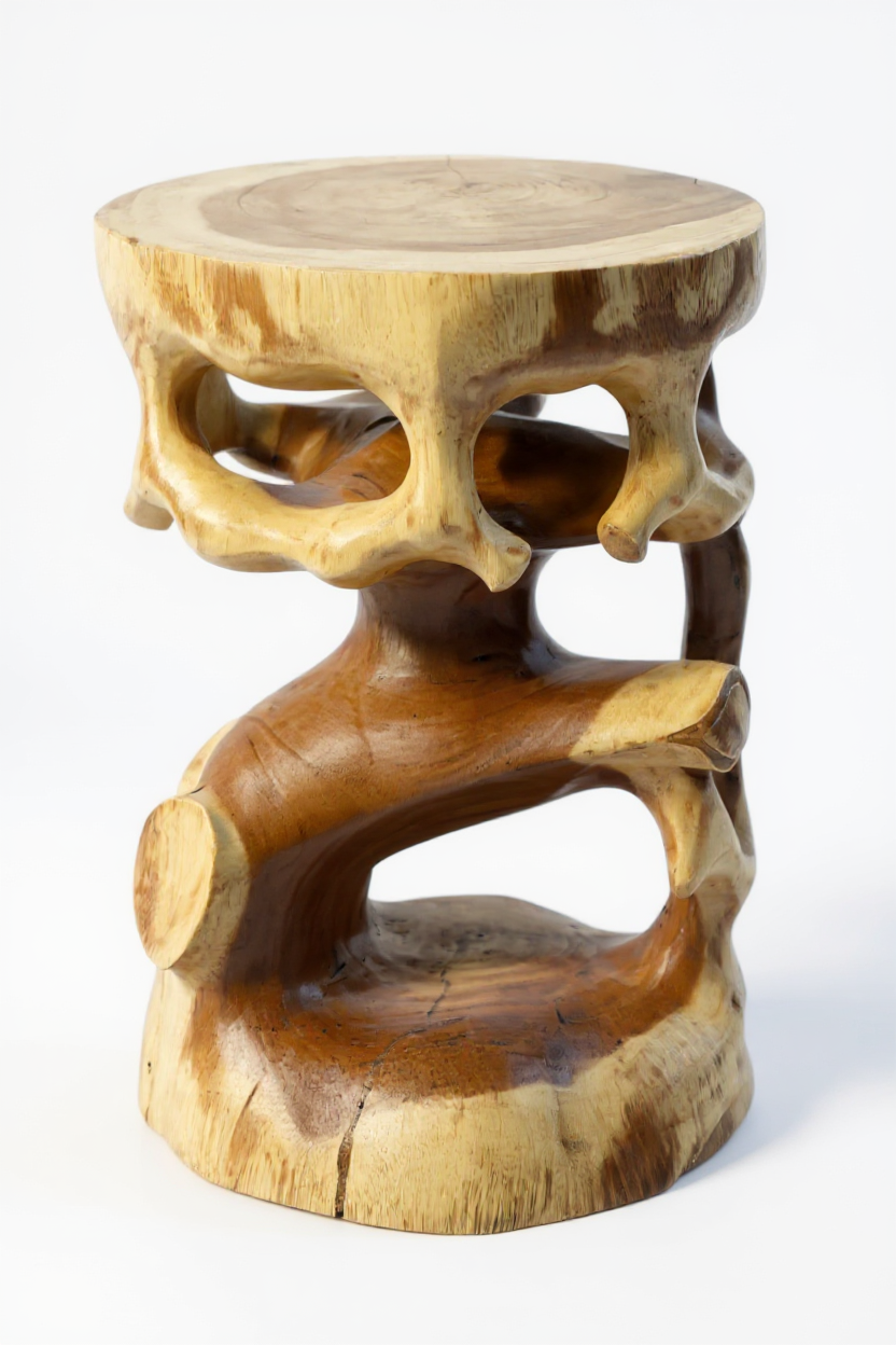 Wooden side table - wooden stool, flower stool, stool - handmade - round in bonsai style, saman wood - 40x30x30 cm