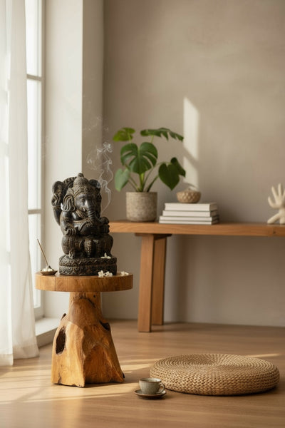 Ganesha Sculpture - Decorative Room Decoration Artwork - Hindu Deity of Good Luck - Stone Mixture Elephant Yellow - 45x25x25 cm
