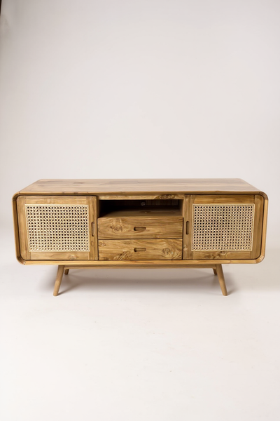 Rattan TV bench – TV cabinet lowboard – With two drawers and three shelves – Solid teak wood – 60x150x45 cm