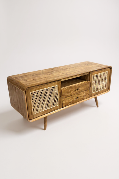 Rattan TV bench – TV cabinet lowboard – With two drawers and three shelves – Solid teak wood – 60x150x45 cm