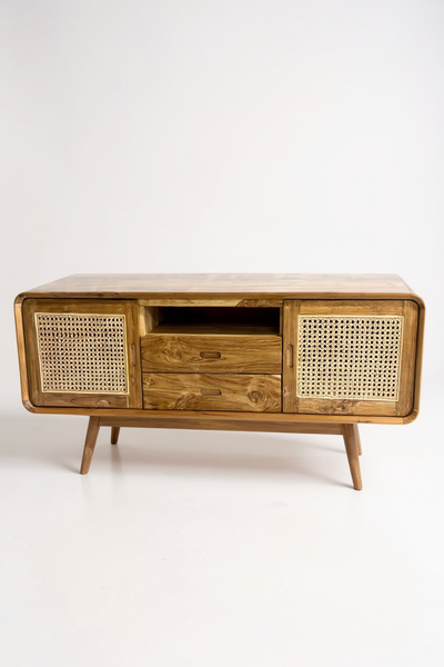 Rattan TV bench – TV cabinet lowboard – With two drawers and three shelves – Solid teak wood – 60x150x45 cm