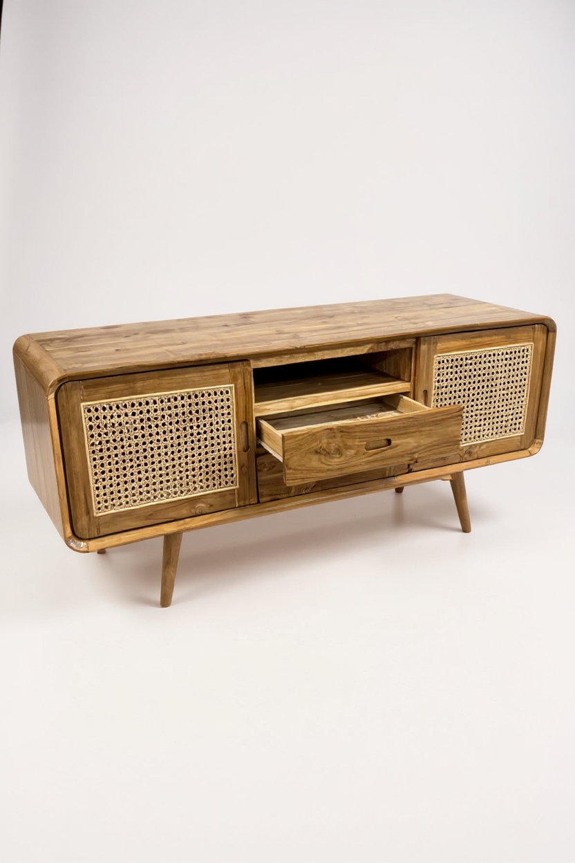 Rattan TV-Bank – Fernsehkommode Lowboard – Mit zwei Schubladen und drei Abstellflächen – Massiv Teakholz – 60x150x45 cm