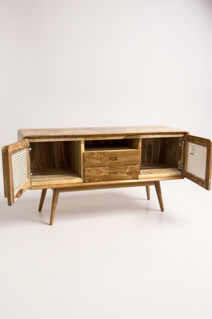 Rattan TV-Bank – Fernsehkommode Lowboard – Mit zwei Schubladen und drei Abstellflächen – Massiv Teakholz – 60x150x45 cm