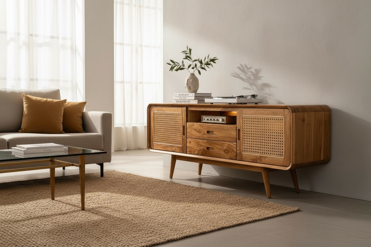 Rattan TV-Bank – Fernsehkommode Lowboard – Mit zwei Schubladen und drei Abstellflächen – Massiv Teakholz – 60x150x45 cm