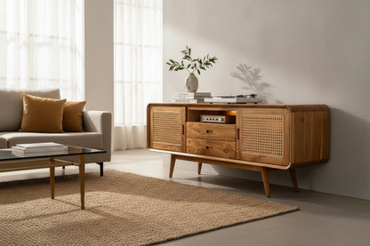 Rattan TV-Bank – Fernsehkommode Lowboard – Mit zwei Schubladen und drei Abstellflächen – Massiv Teakholz – 60x150x45 cm