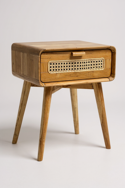 Rattan side table – bedside table – stylish with drawer – handmade vintage look made of teak – 60x50x40 cm