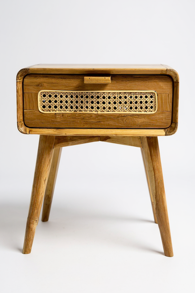 Rattan side table – bedside table – stylish with drawer – handmade vintage look made of teak – 60x50x40 cm