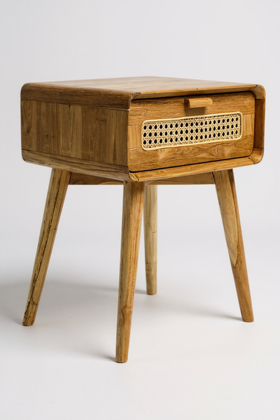 Rattan side table – bedside table – stylish with drawer – handmade vintage look made of teak – 60x50x40 cm