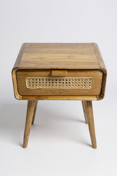 Rattan side table – bedside table – stylish with drawer – handmade vintage look made of teak – 60x50x40 cm