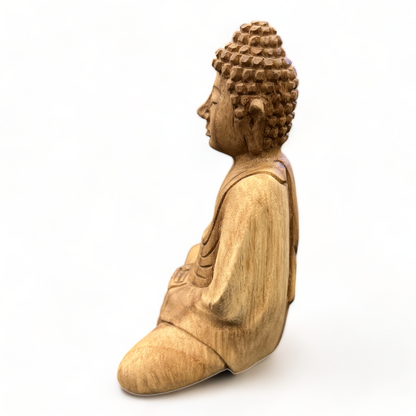 Buddha Statue - Decorative Room Decoration Artwork - Hand Carved - Natural Teak Wood - 15x12x8 cm