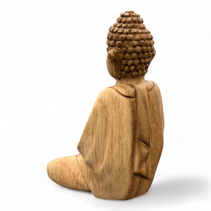 Buddha Statue - Decorative Room Decoration Artwork - Hand Carved - Natural Teak Wood - 15x12x8 cm