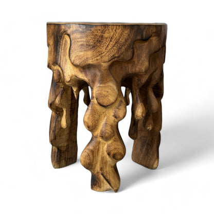 Flambierter Holzhocker - Beistelltisch Blumenhocker Ablagetisch - Unikat Handgefertigt  - Rund Tropfend aus massivem Suarholz- 45x35x35 cm