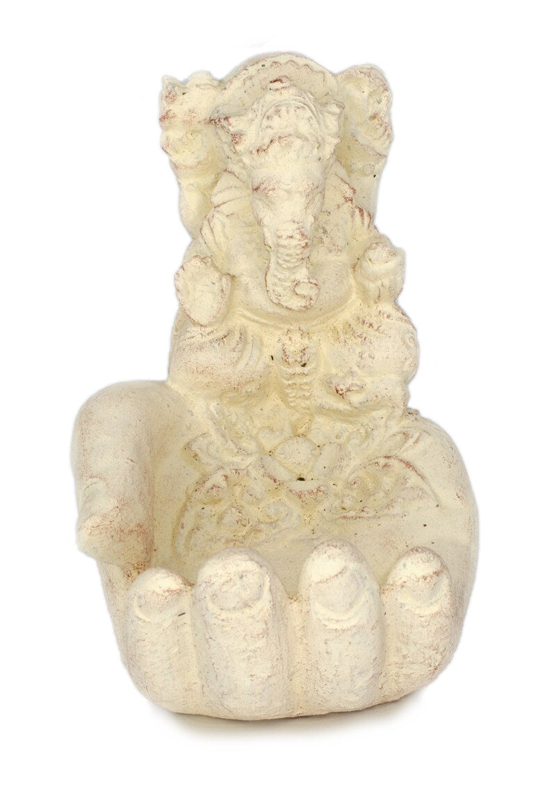 Ganesha Hand Skulptur - Deko Raumdeko Seifenschale Räucherstäbchen - Hindu Gottheit des Glückes - Elefant Weiß - 13x9x15 cm - FaHome