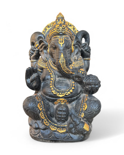 Ganesha Skulptur - Deko Garten Statue - Hindu Gottheit des Glückes - Betonguss Elefant Schwarz Gold - 80x50x41 cm - FaHome