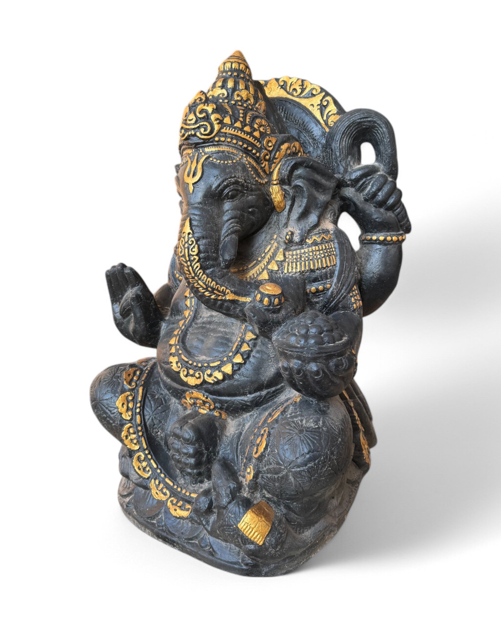 Ganesha Skulptur - Deko Garten Statue - Hindu Gottheit des Glückes - Betonguss Elefant Schwarz Gold - 80x50x41 cm - FaHome