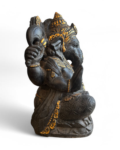 Ganesha Skulptur - Deko Garten Statue - Hindu Gottheit des Glückes - Betonguss Elefant Schwarz Gold - 80x50x41 cm - FaHome