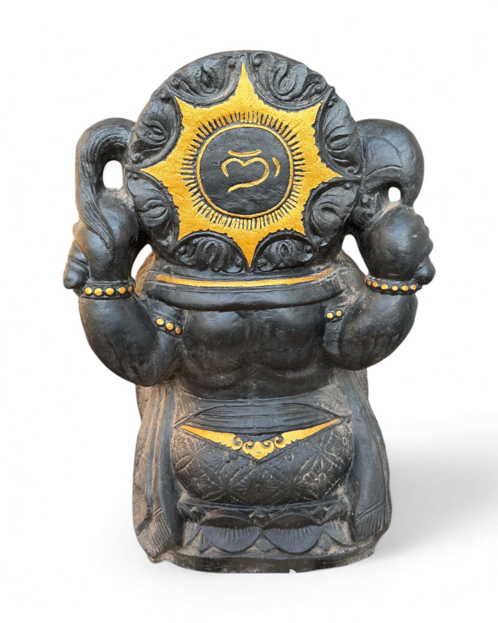 Ganesha Skulptur - Deko Garten Statue - Hindu Gottheit des Glückes - Betonguss Elefant Schwarz Gold - 80x50x41 cm - FaHome