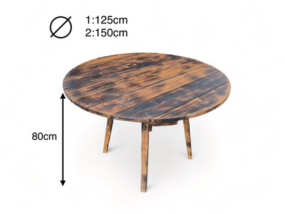 Table de jardin en teck fabriquée à la main - Pièce unique au charme naturel pour l'intérieur et l'extérieur - Flammée - 120 et 150 cm de diamètre - 80 cm de hauteur 