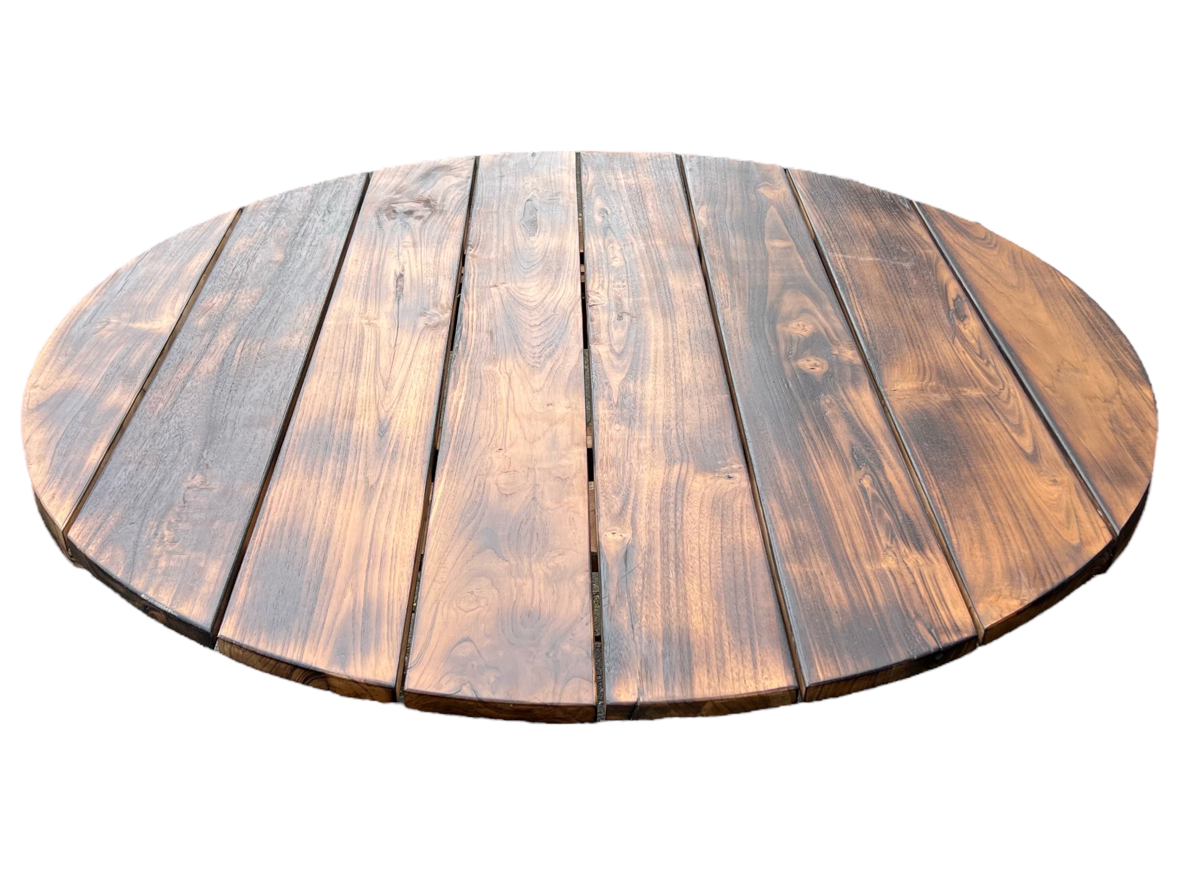 Table de jardin en teck fabriquée à la main - Pièce unique au charme naturel pour l'intérieur et l'extérieur - Flammée - 120 et 150 cm de diamètre - 80 cm de hauteur 