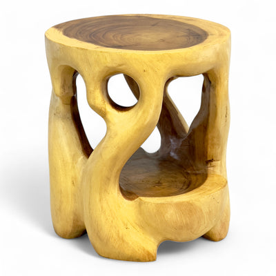 Holz Beistelltisch - Hocker, Nachttisch, Pflanzenhocker, Ablagetisch - Rundes Naturdesign mit organischer Form – Massiv aus Teakholz – 40x34x34 cm - FaHome