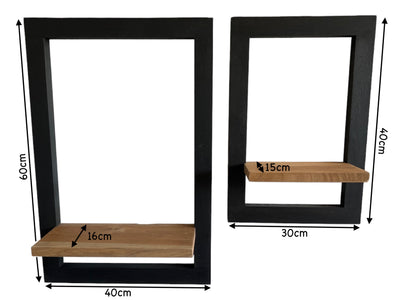 Wooden Hanging Shelf - Wall Shelf Storage Shelf - Modern Black Frame Natural Brown Storage Surface - Set of 2 - 60x40x2 &amp; 40x30x2 cm