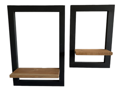 Wooden Hanging Shelf - Wall Shelf Storage Shelf - Modern Black Frame Natural Brown Storage Surface - Set of 2 - 60x40x2 &amp; 40x30x2 cm