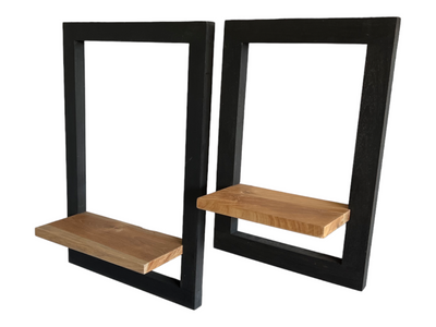 Wooden Hanging Shelf - Wall Shelf Storage Shelf - Modern Black Frame Natural Brown Storage Surface - Set of 2 - 60x40x2 &amp; 40x30x2 cm