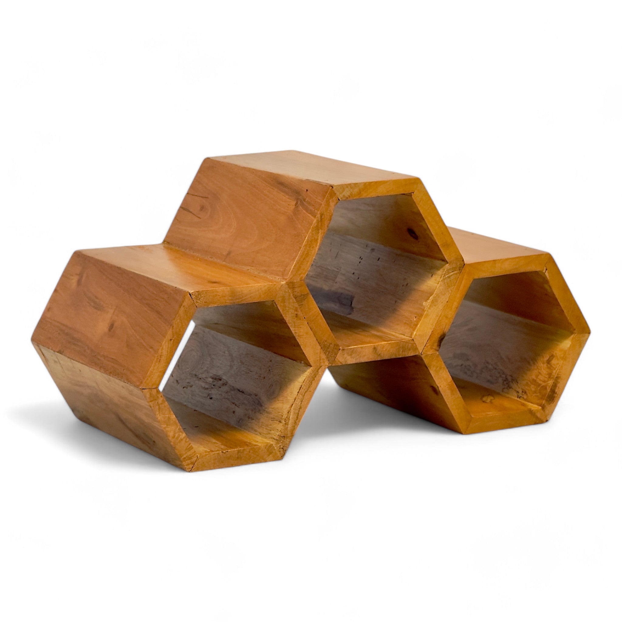 Holz Weinregal – Weinhalter Flaschenhalter - Küche Wohnzimmer Bar - Dekorative Honigwabenform – Aus Teakholz für 3 Flaschen – 18x34x18 cm - FaHome