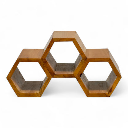 Holz Weinregal – Weinhalter Flaschenhalter - Küche Wohnzimmer Bar - Dekorative Honigwabenform – Aus Teakholz für 3 Flaschen – 18x34x18 cm - FaHome