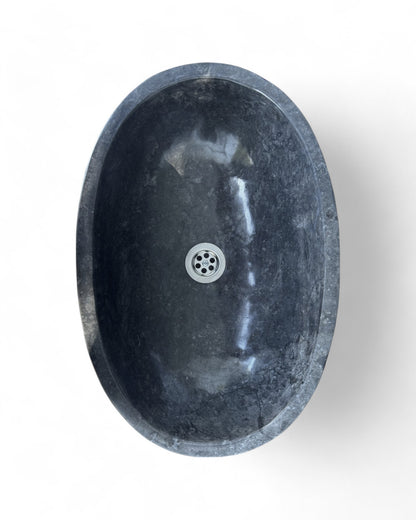 Lavabo en marbre – salle de bain WC invités salle d'eau – vasque à poser ovale en marbre noir - 15x45x30 cm