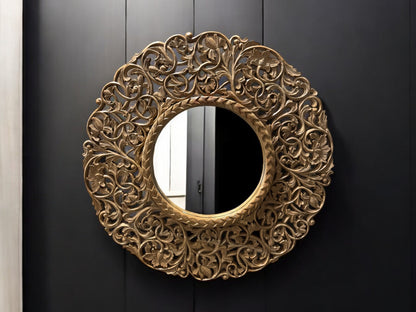 Teakholz Spiegel – Hängespiegel Wandspiegel – Handgeschnitzes Muster – 108 cm - FaHome