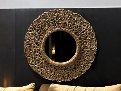 Teakholz Spiegel – Hängespiegel Wandspiegel – Handgeschnitzes Muster – 108 cm - FaHome