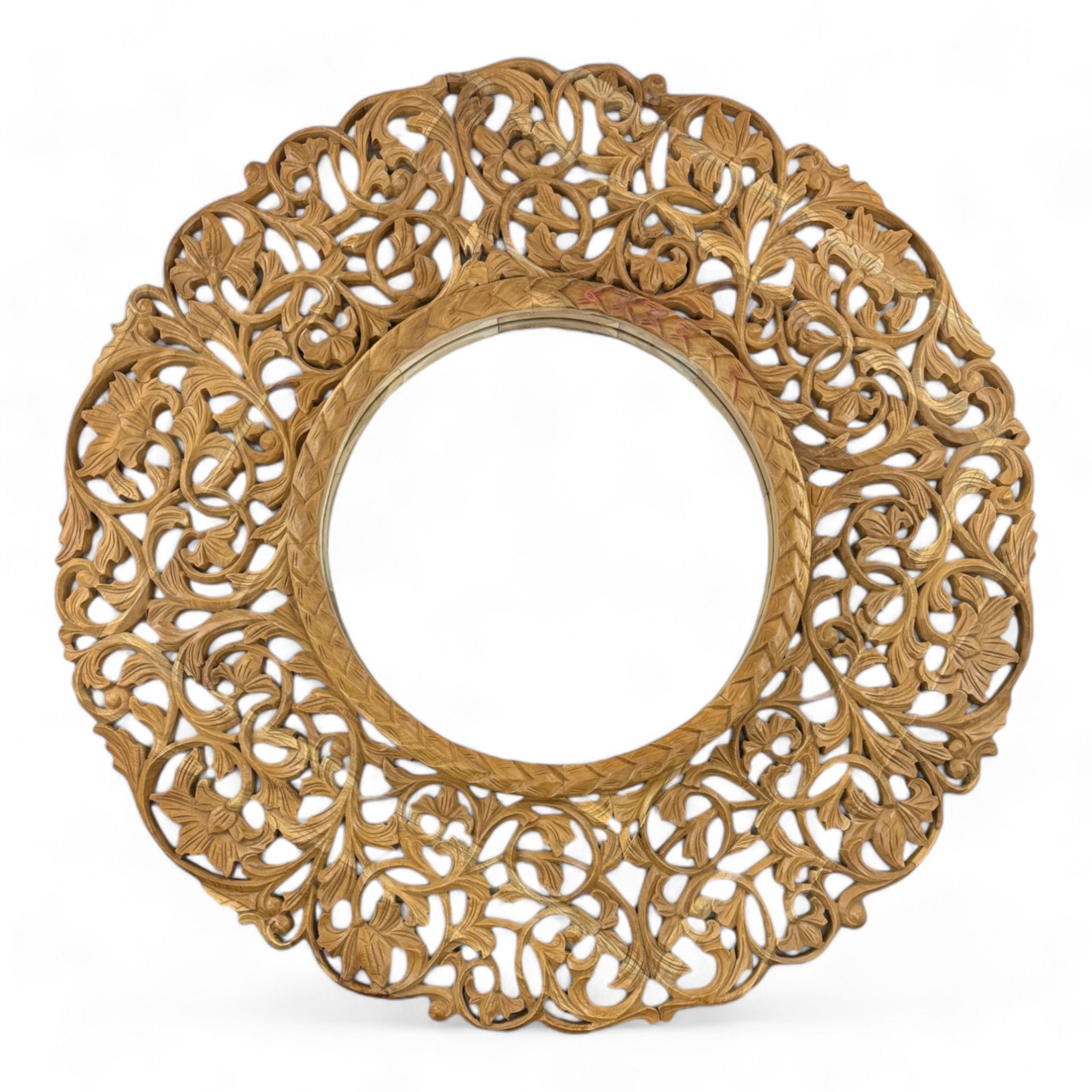 Teakholz Spiegel – Hängespiegel Wandspiegel – Handgeschnitzes Muster – 108 cm - FaHome