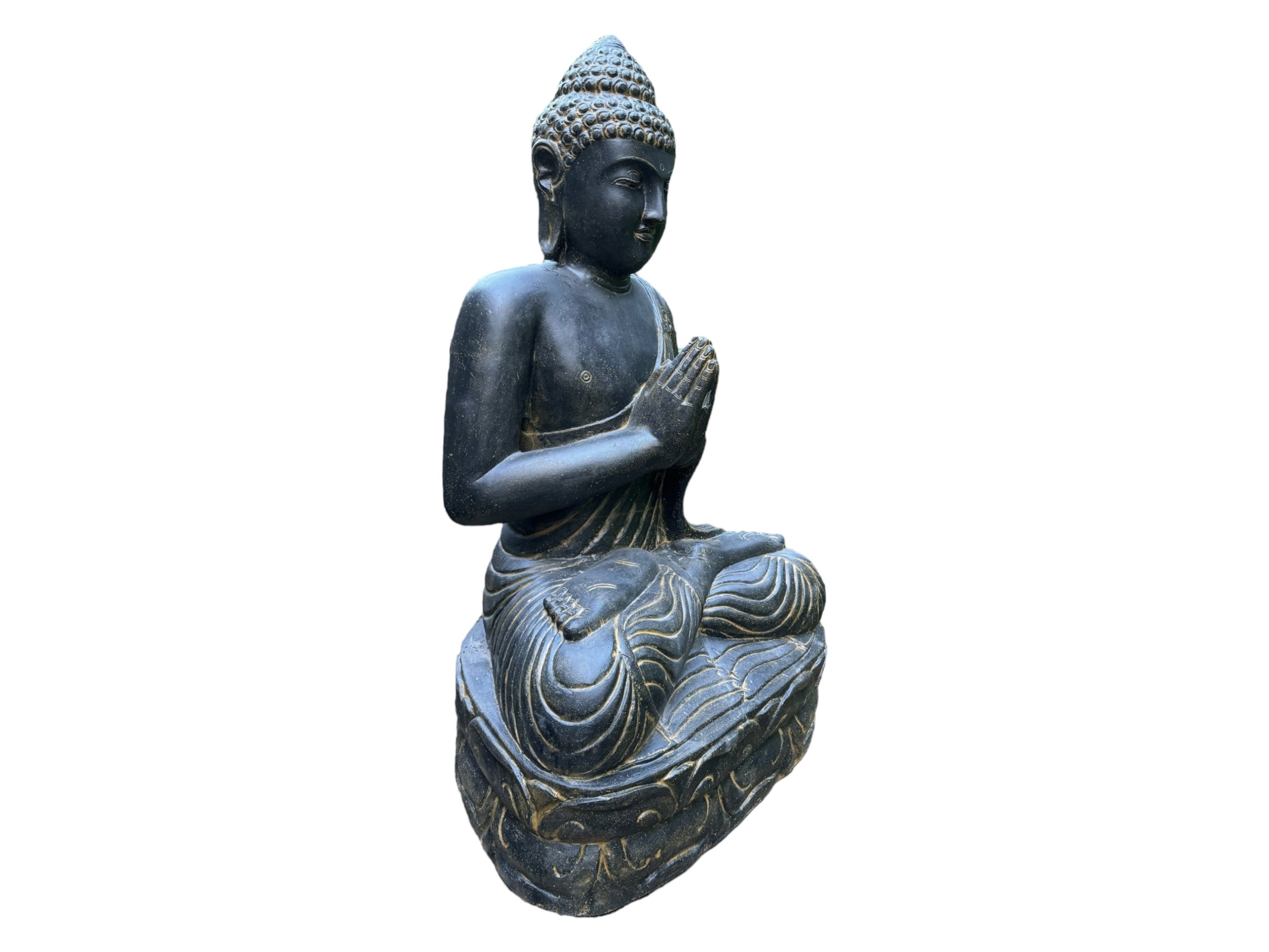 Wetterfeste Buddha Stein Statue, 150cm - Harmonisierende Skulptur für Außenbereich aus Lavasand Steingemisch