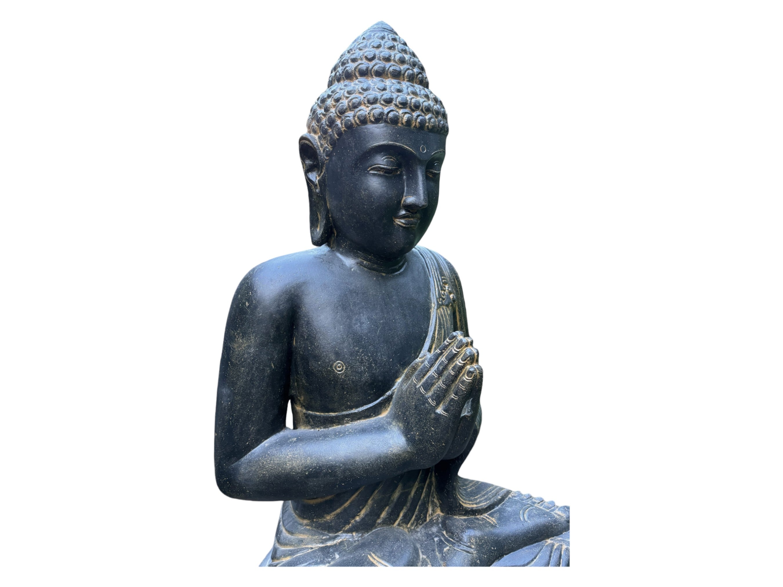 Wetterfeste Buddha Stein Statue, 150cm - Harmonisierende Skulptur für Außenbereich aus Lavasand Steingemisch