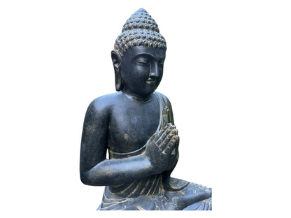 Wetterfeste Buddha Stein Statue, 150cm - Harmonisierende Skulptur für Außenbereich aus Lavasand Steingemisch