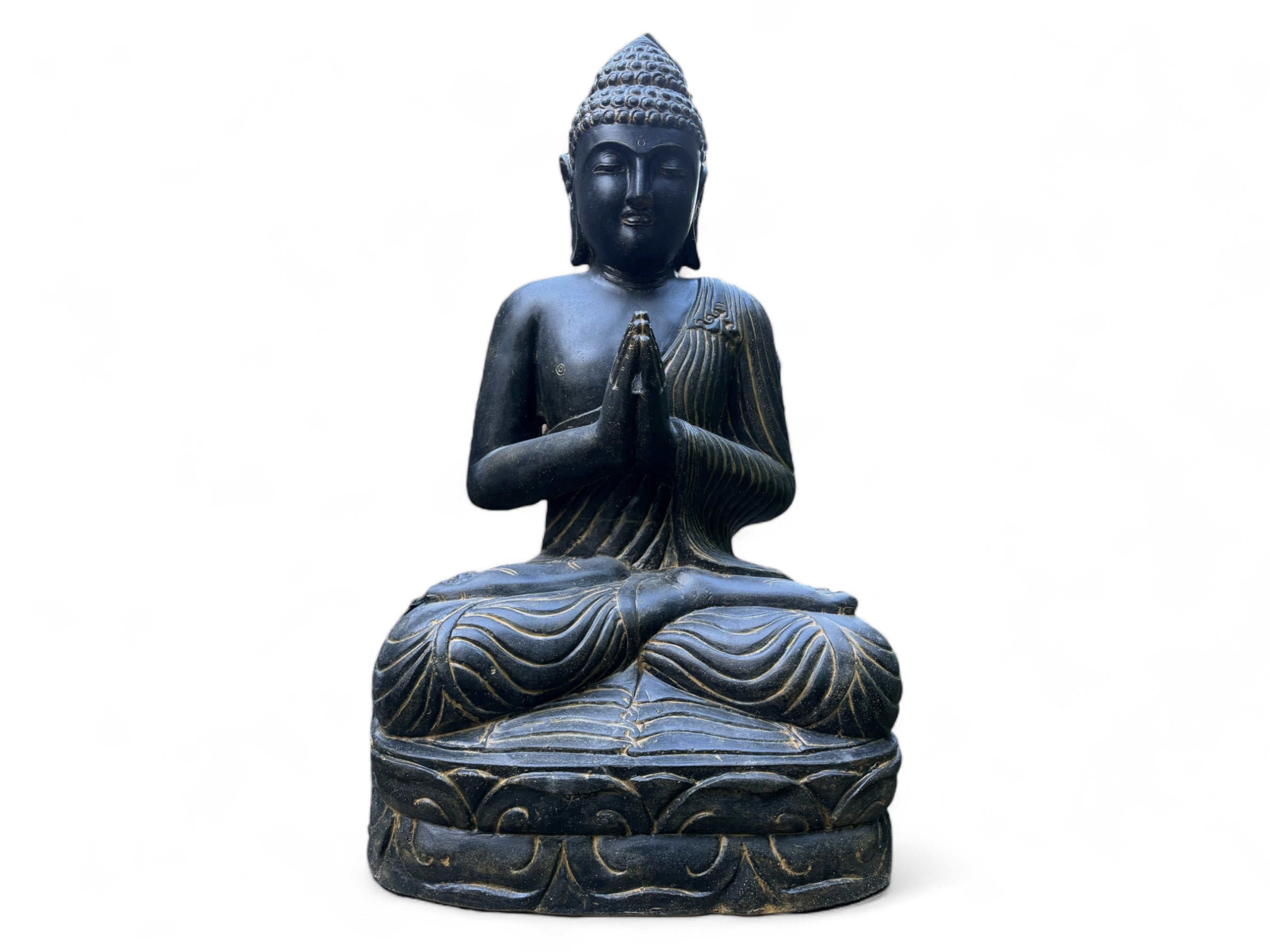 Wetterfeste Buddha Stein Statue, 150cm - Harmonisierende Skulptur für Außenbereich aus Lavasand Steingemisch