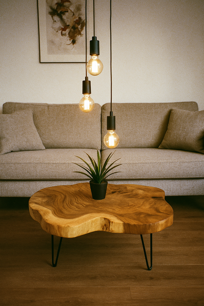 Wooden coffee table – side table – handmade – tree cross-section table top made of teak wood – 80-100 cm diameter
