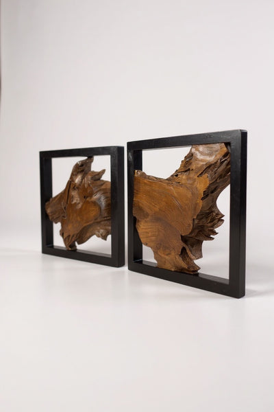 Teak wood wall decoration with black frame – handcrafted solid wood unique piece – modern wall art made of natural wood – 40x40x3.5 cm