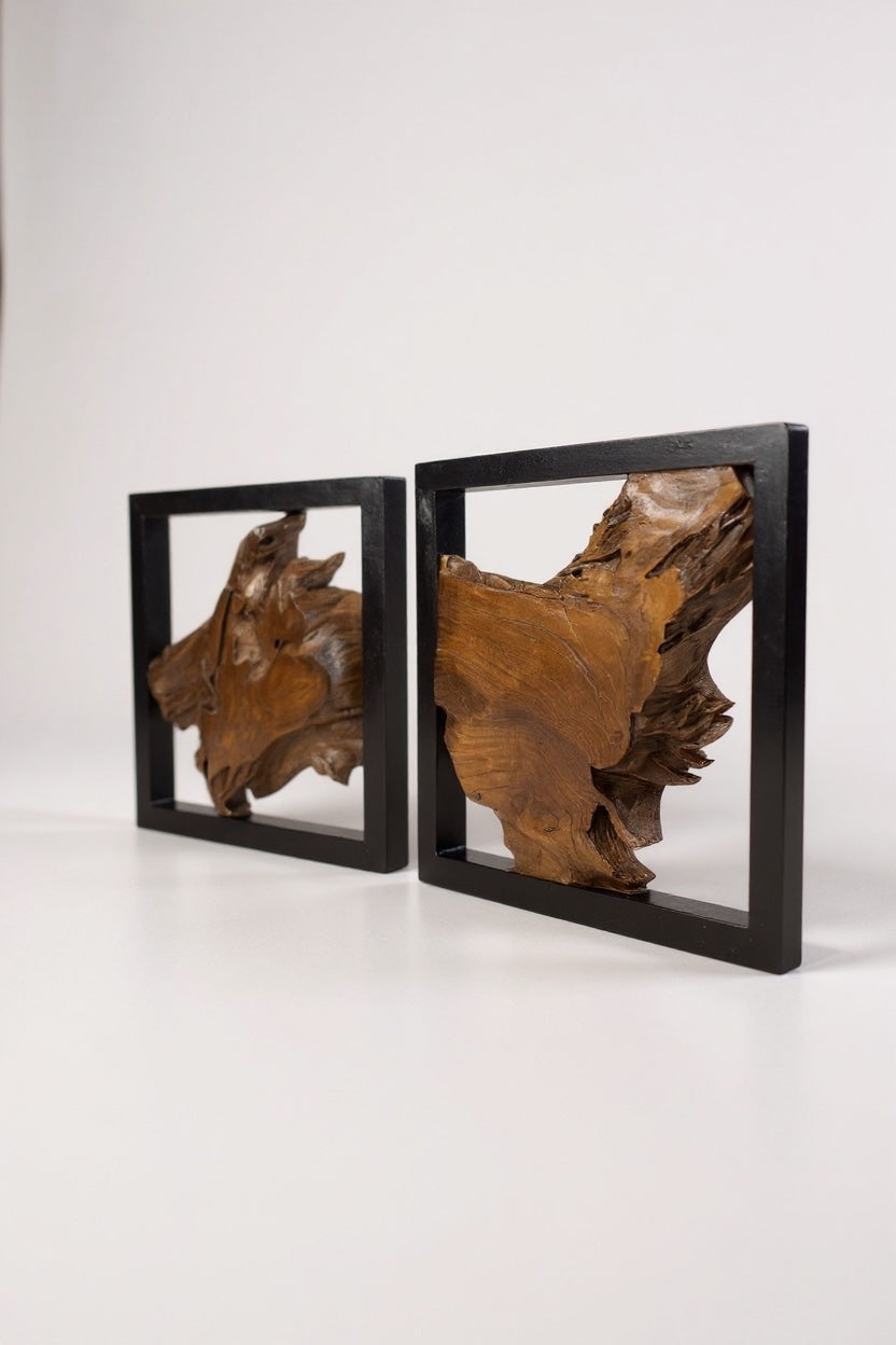 Teak wood wall decoration with black frame – handcrafted solid wood unique piece – modern wall art made of natural wood – 40x40x3.5 cm