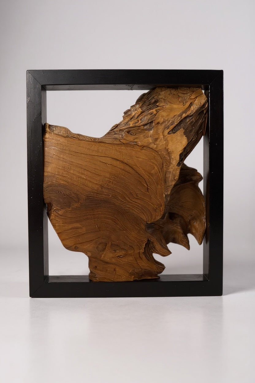 Teak wood wall decoration with black frame – handcrafted solid wood unique piece – modern wall art made of natural wood – 40x40x3.5 cm
