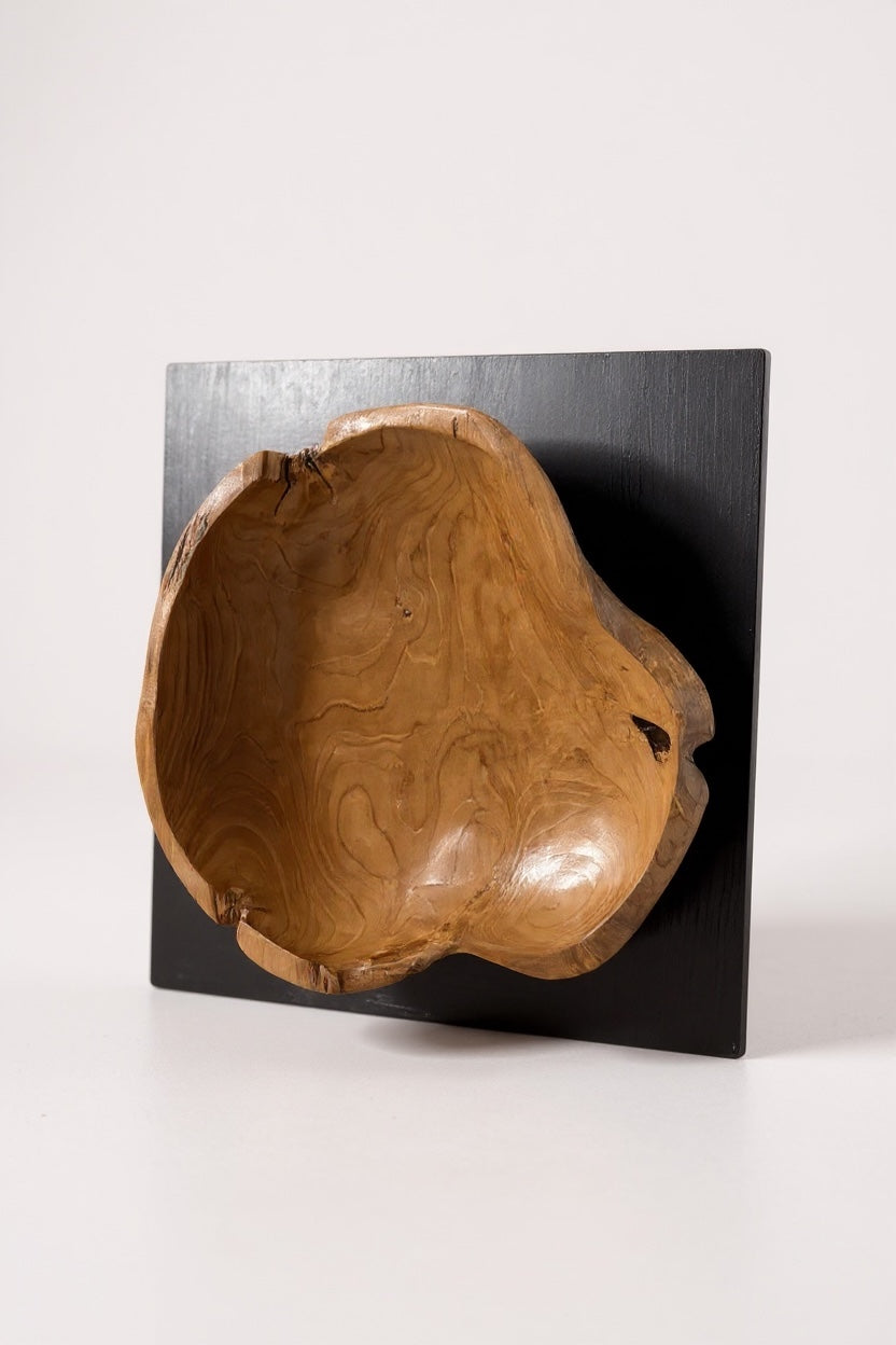 Teak wood wall decoration on a black wooden base – handcrafted solid wood unique piece – modern natural wood wall art – 40x40x10 cm