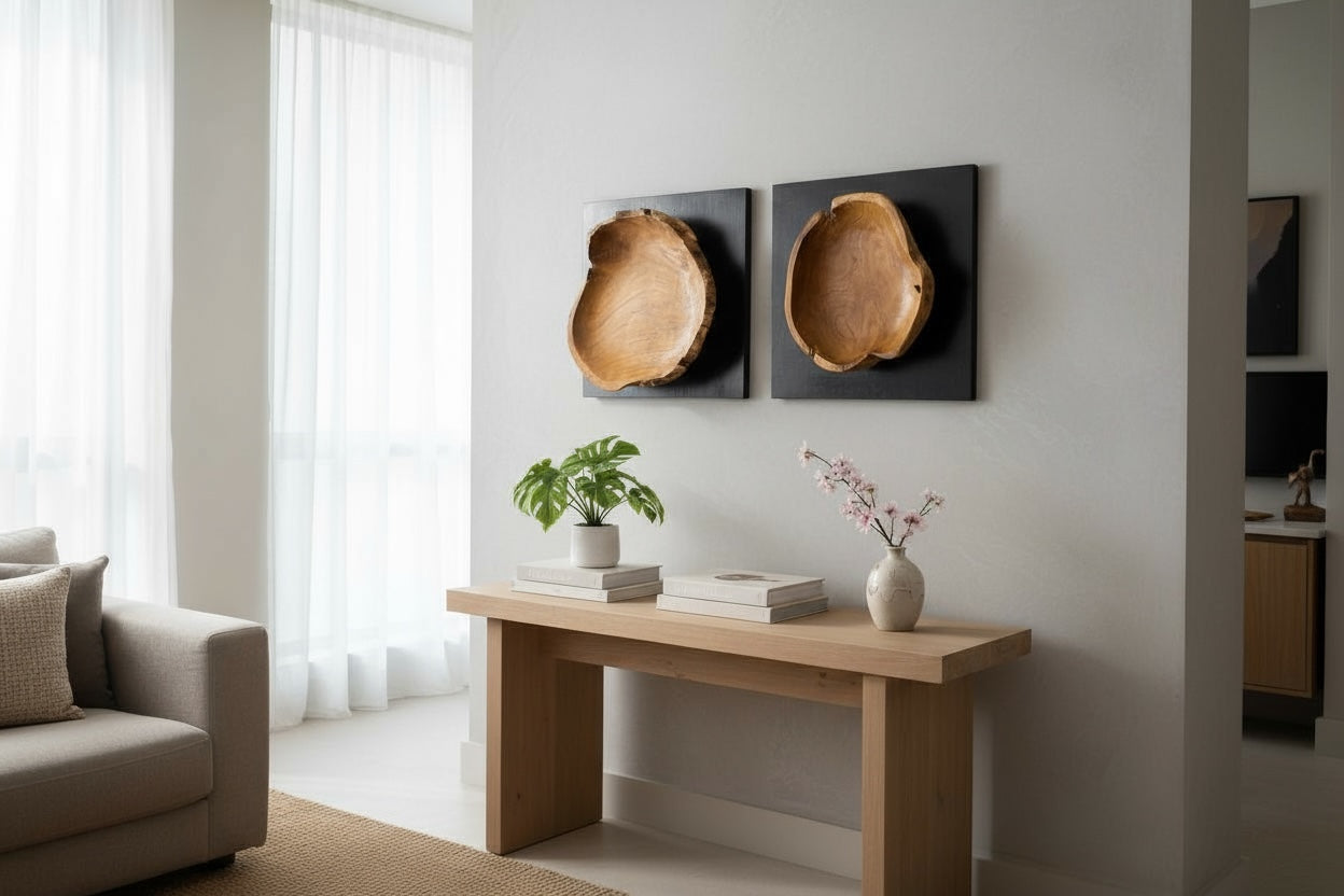 Teak wood wall decoration on a black wooden base – handcrafted solid wood unique piece – modern natural wood wall art – 40x40x10 cm