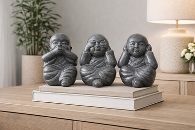 Buddha Figures Set of 3 – Garden Terrace Balcony Decor – Weatherproof – Stone Sculptures See No Evil Hear No Evil Speak No Evil – 30 cm